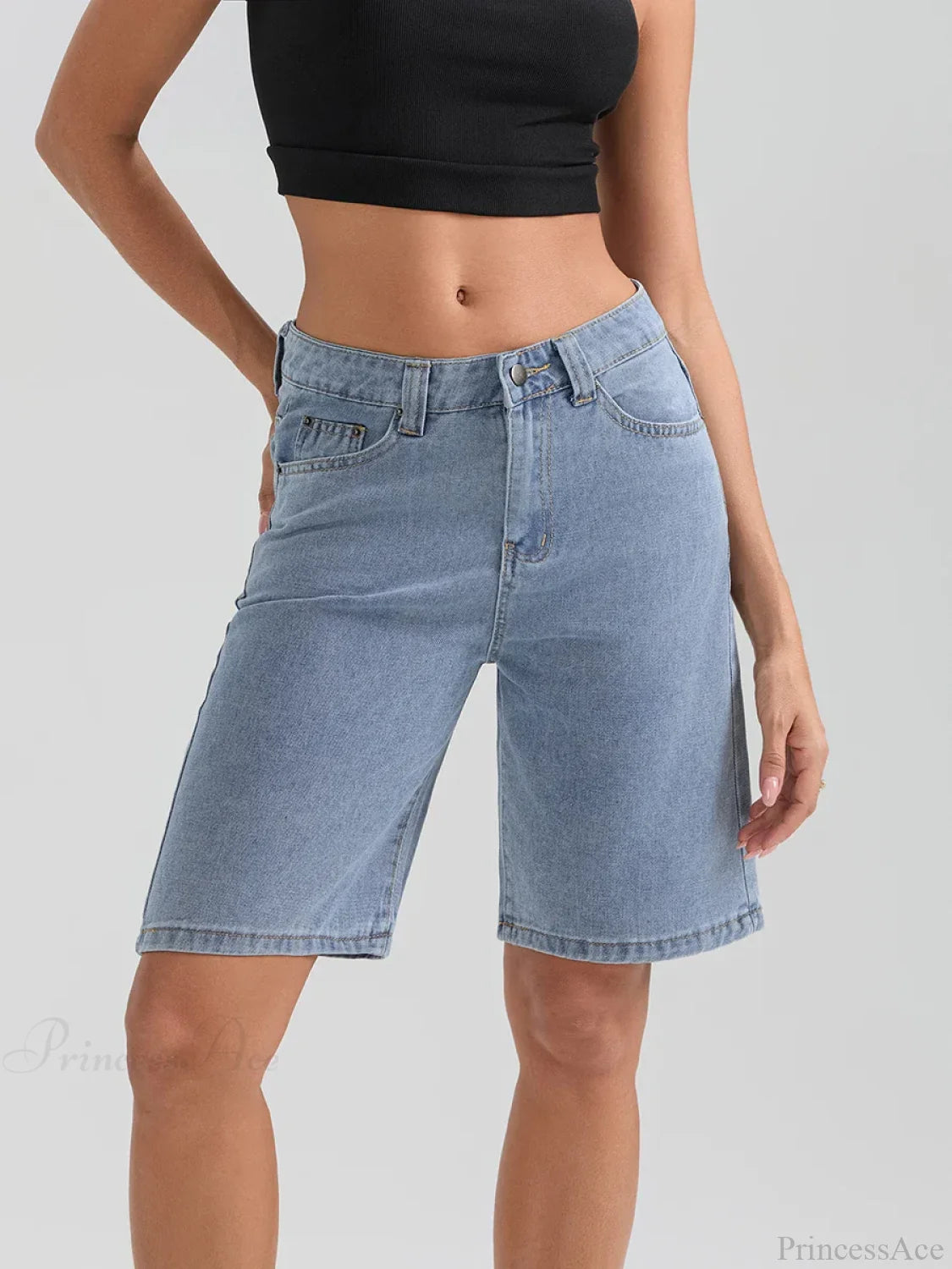 Knee-Length Button Denim Short short-250223