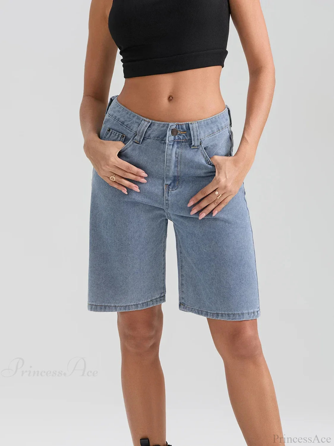 Knee-Length Button Denim Short short-250223