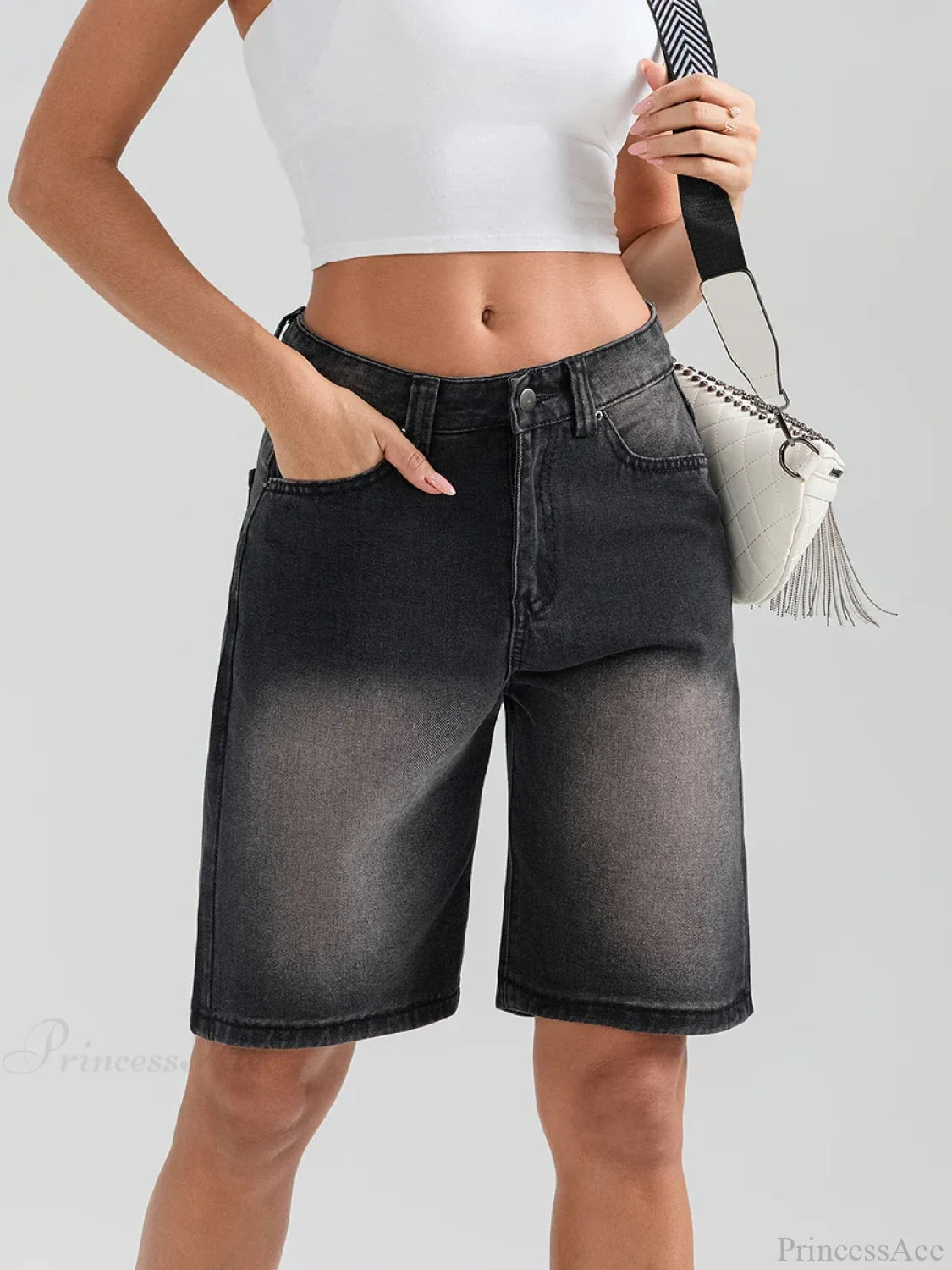 Knee-Length Button Denim Short Black / S short-250223