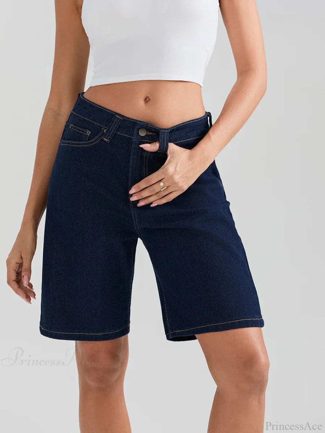 Knee-Length Button Denim Short DEEP BLUE / S short-250223