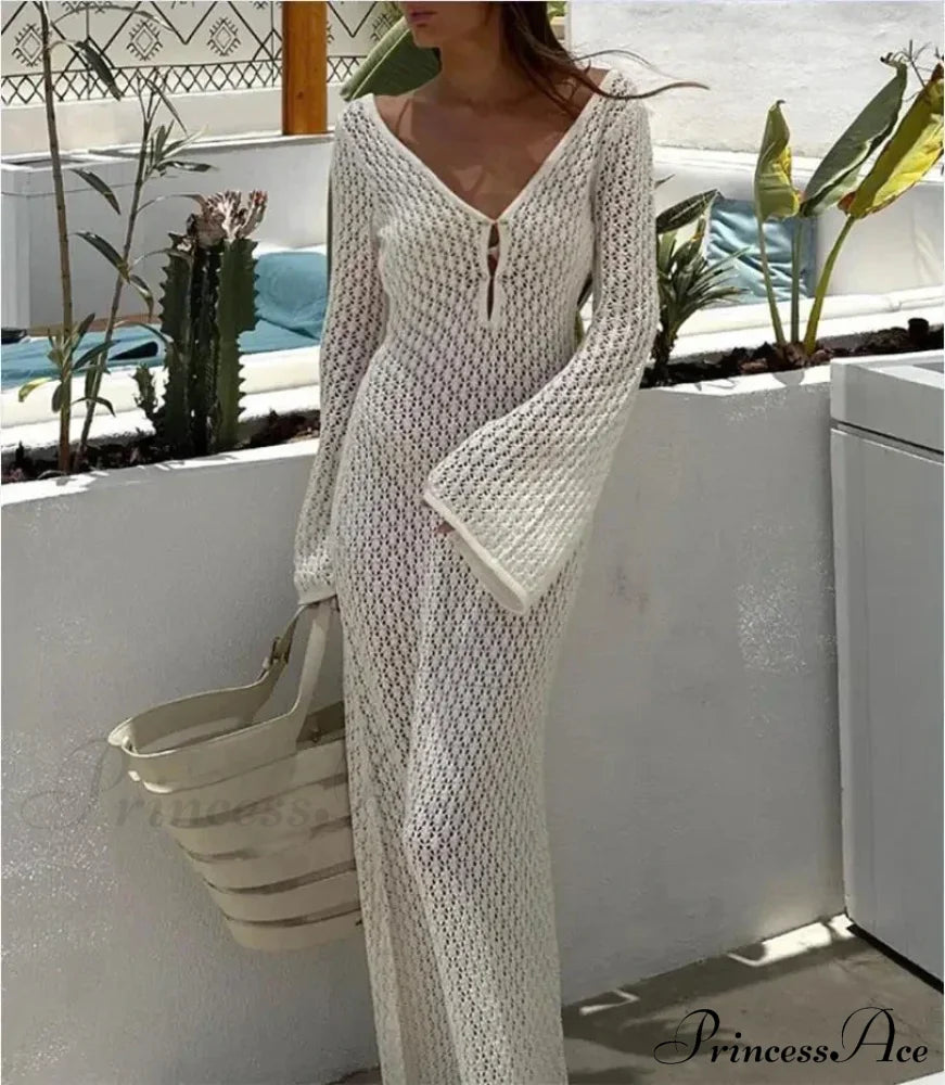 Knit Flare Stylish Long Sleeve Dress Hollow-Out