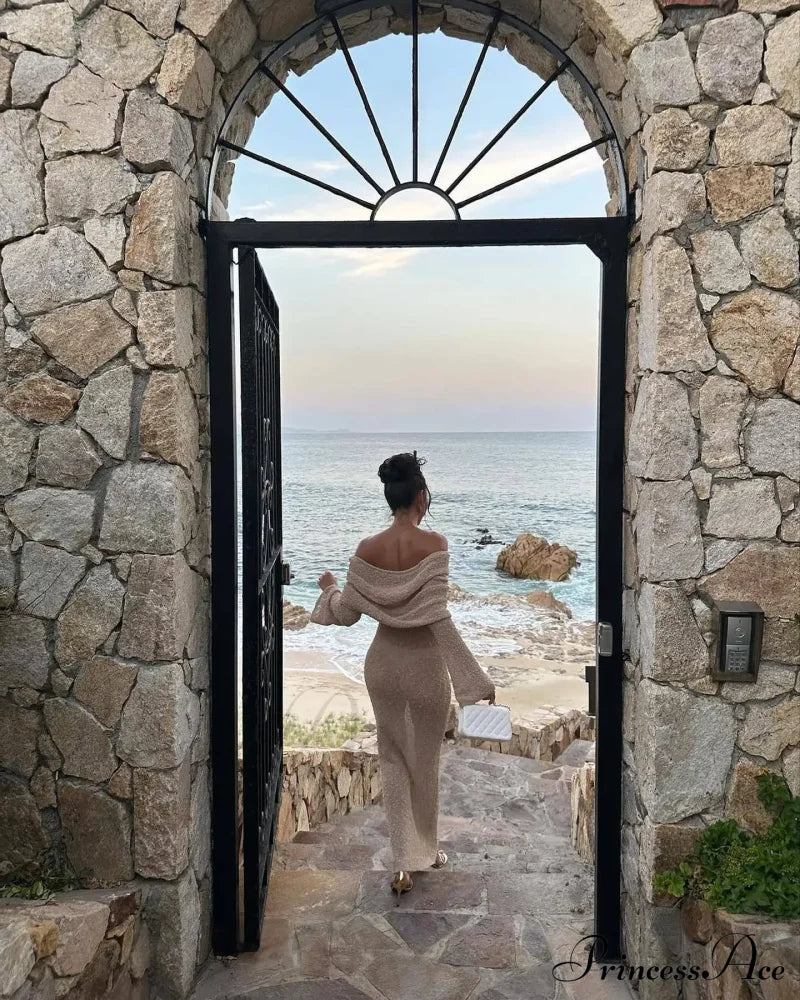 Knit Off-Shoulder Long Charming Sleeve Maxi Dress