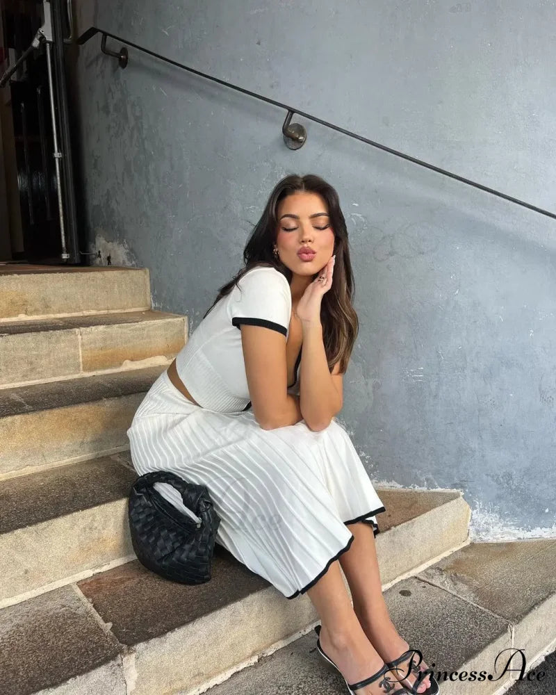 Knit Two Tone Short Sleeve Buttoned Modern Top And Pleated Midi Skirt Set