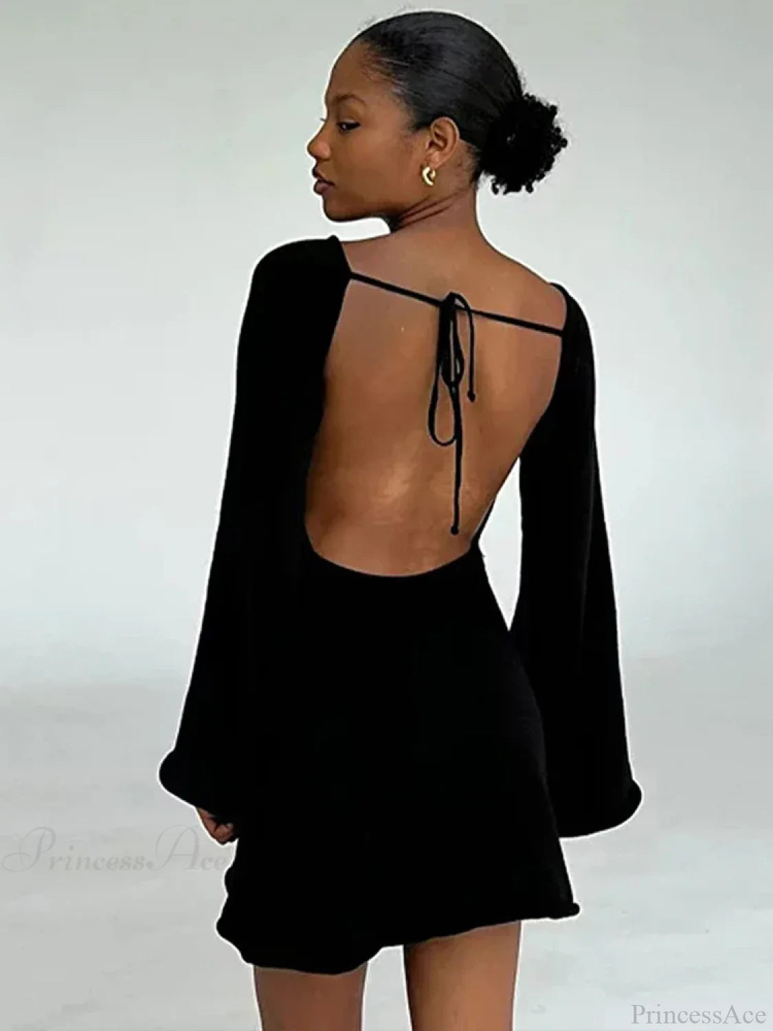 Knitted Backless Lace Up Bikini Cover Up Black mini dress / S