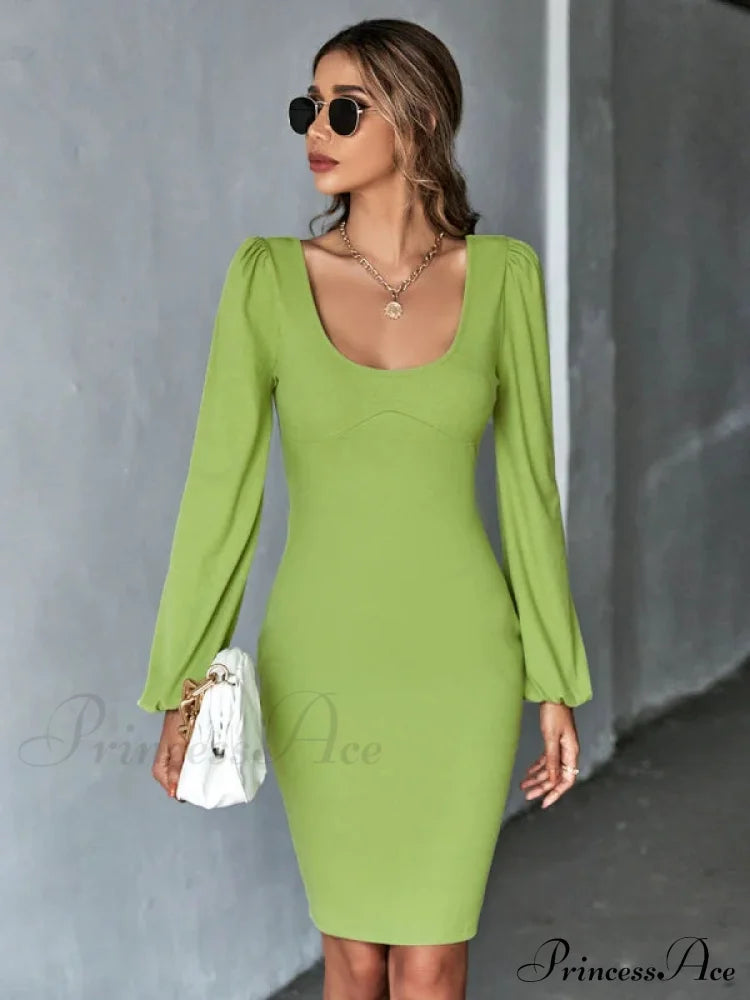 Knitted Backless Long-Sleeved Dress S / Green