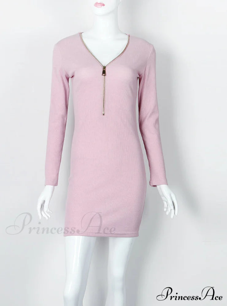Knitted Bodycon Dress With Zipper Detail And Long Sleeves S / Beige Dresses
