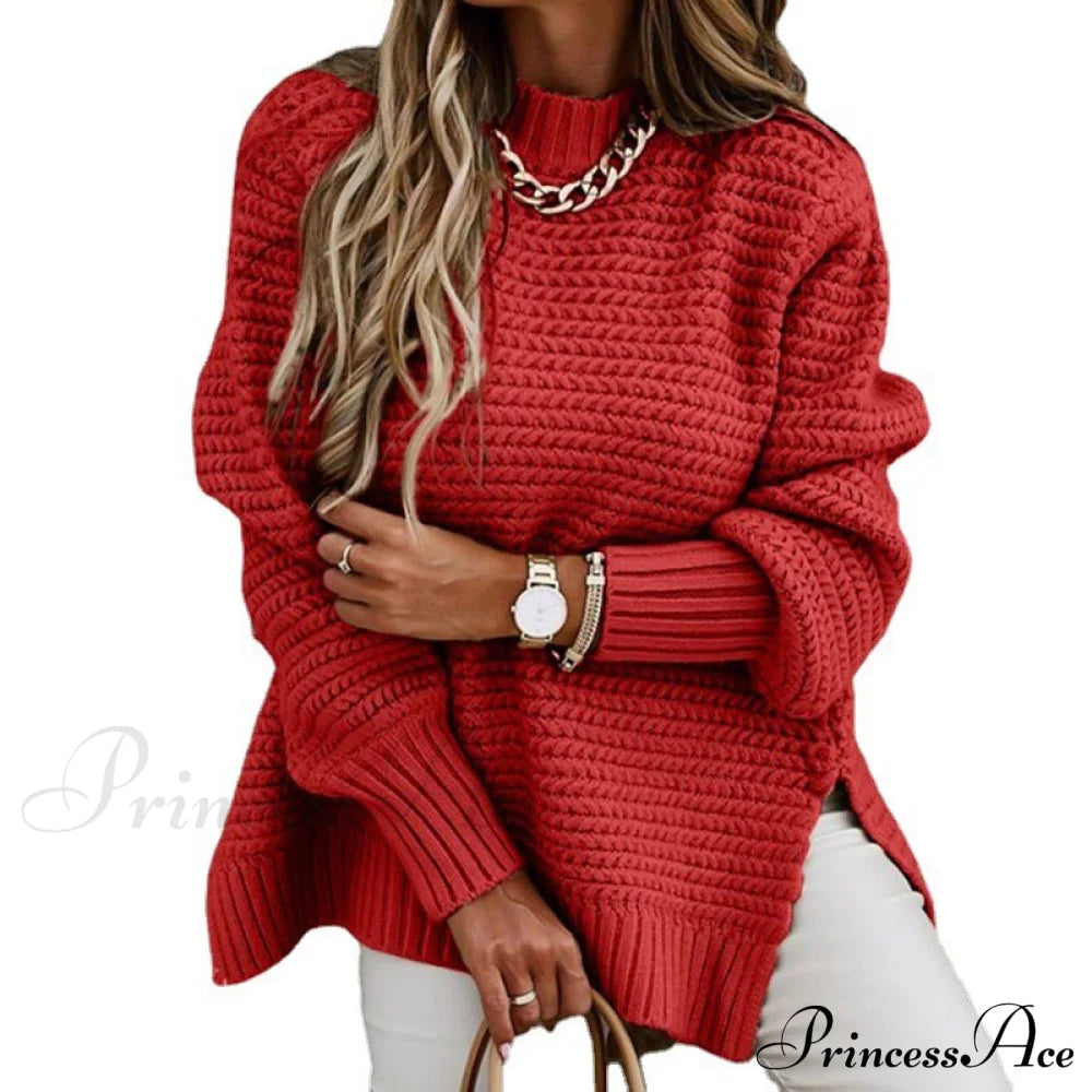 Knitted Casual O Neck Long Sleeve Fashion Sweater 02 Red / S Sweaters-L