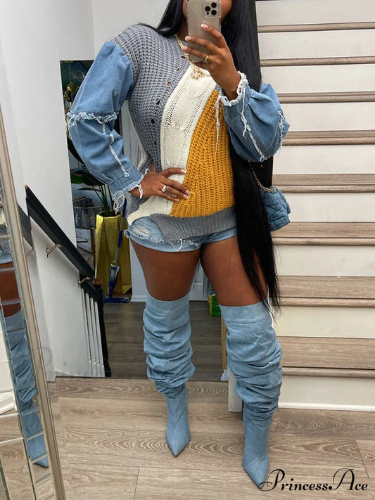 Knitted Color Block Turtleneck Modern Long Sleeve Sweater - Pink Blue / One Size Sweaters-L