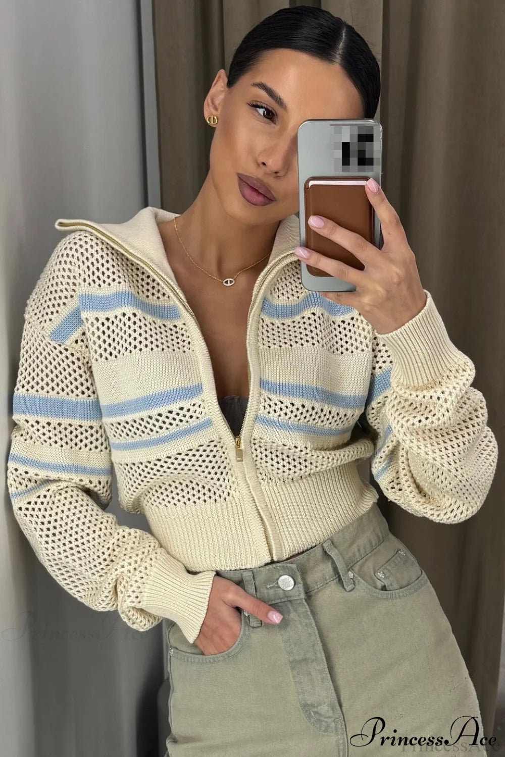 Knitted Cutout Zip Slim-Fit Design Hoodie Beige / S