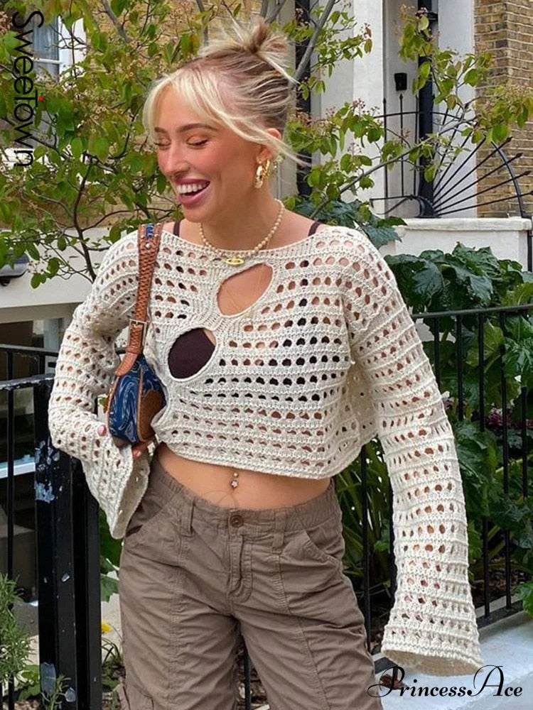 Knitted Flare Casual Vacation T-Shirts Clothes Hollow Out Warm-Season Through Women Y2K O See Neck