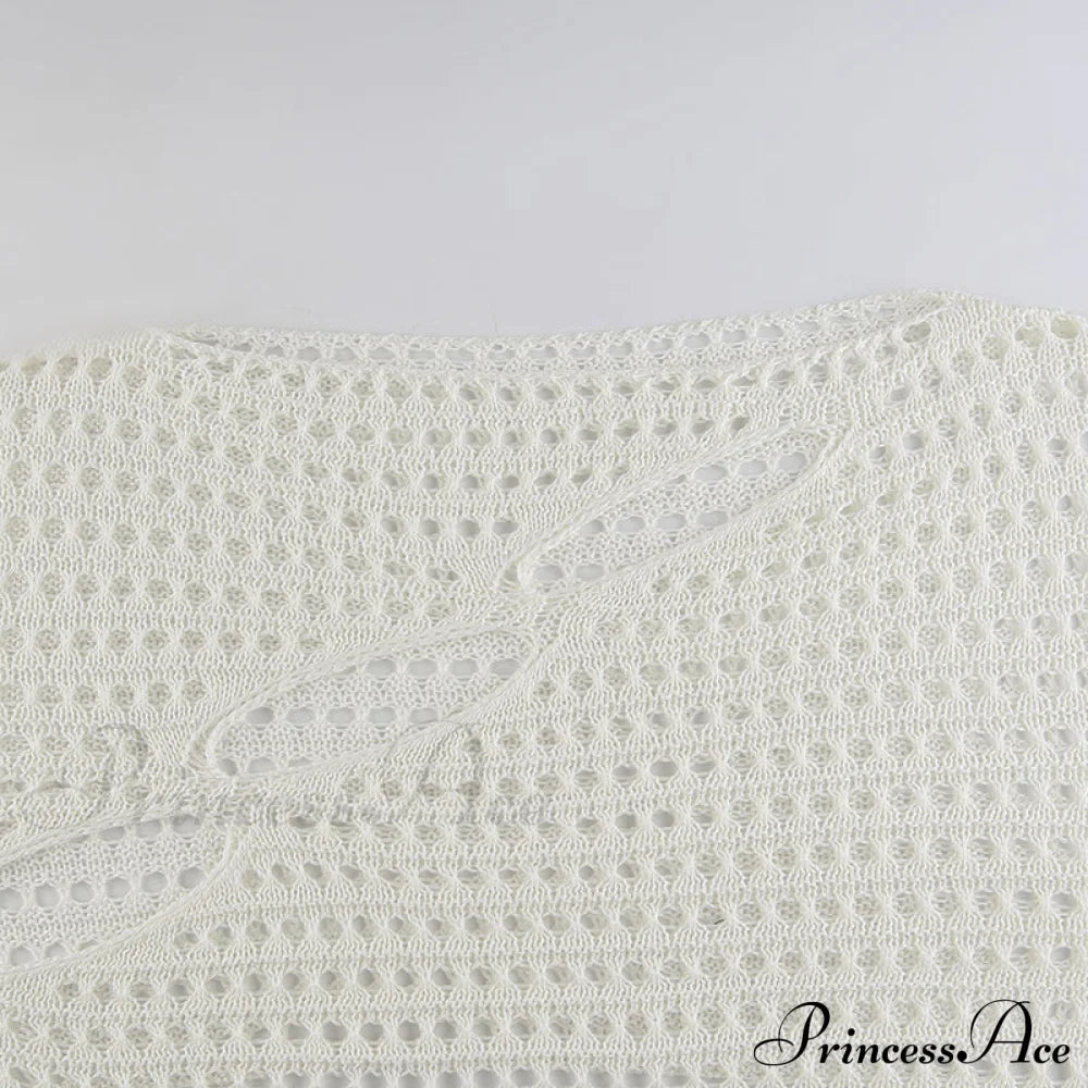 Knitted Flare Casual Vacation T-Shirts Clothes Hollow Out Warm-Season Through Women Y2K O See Neck