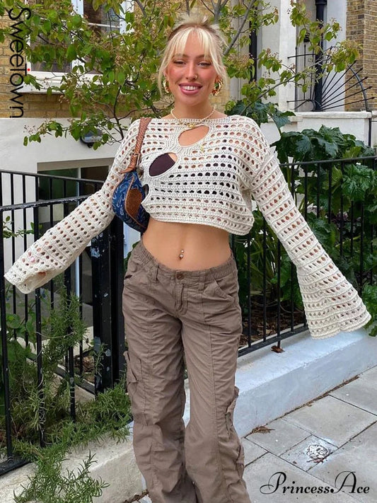 Knitted Flare Casual Vacation T-Shirts Clothes Hollow Out Warm-Season Through Women Y2K O See Neck