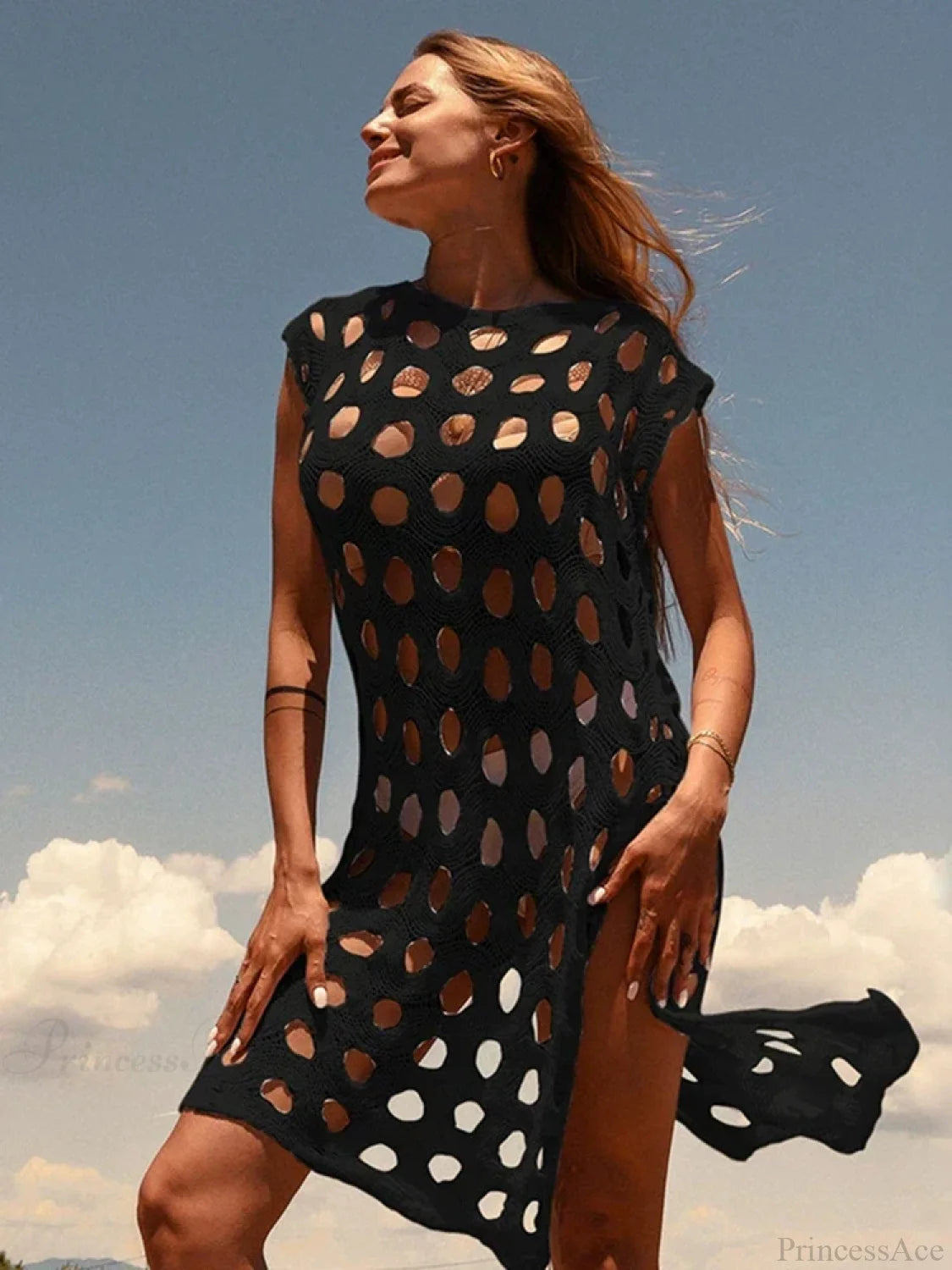 Knitted Hollow Out Bikini Cover Up Black / One Size