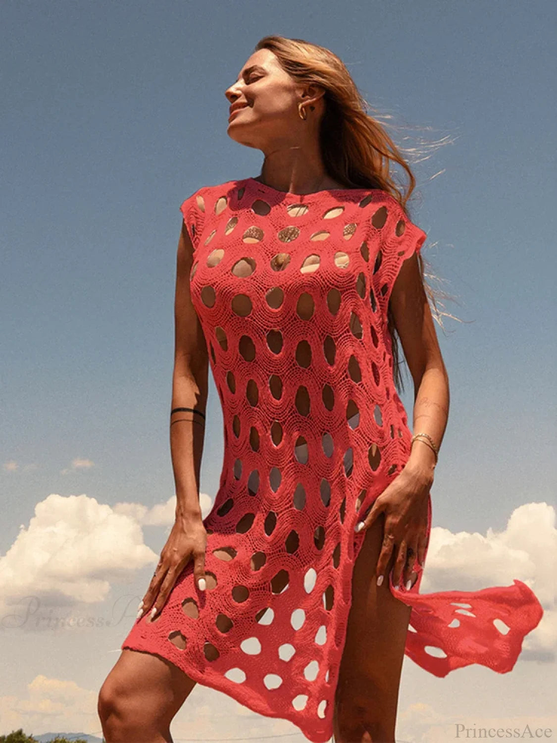 Knitted Hollow Out Bikini Cover Up Red / One Size