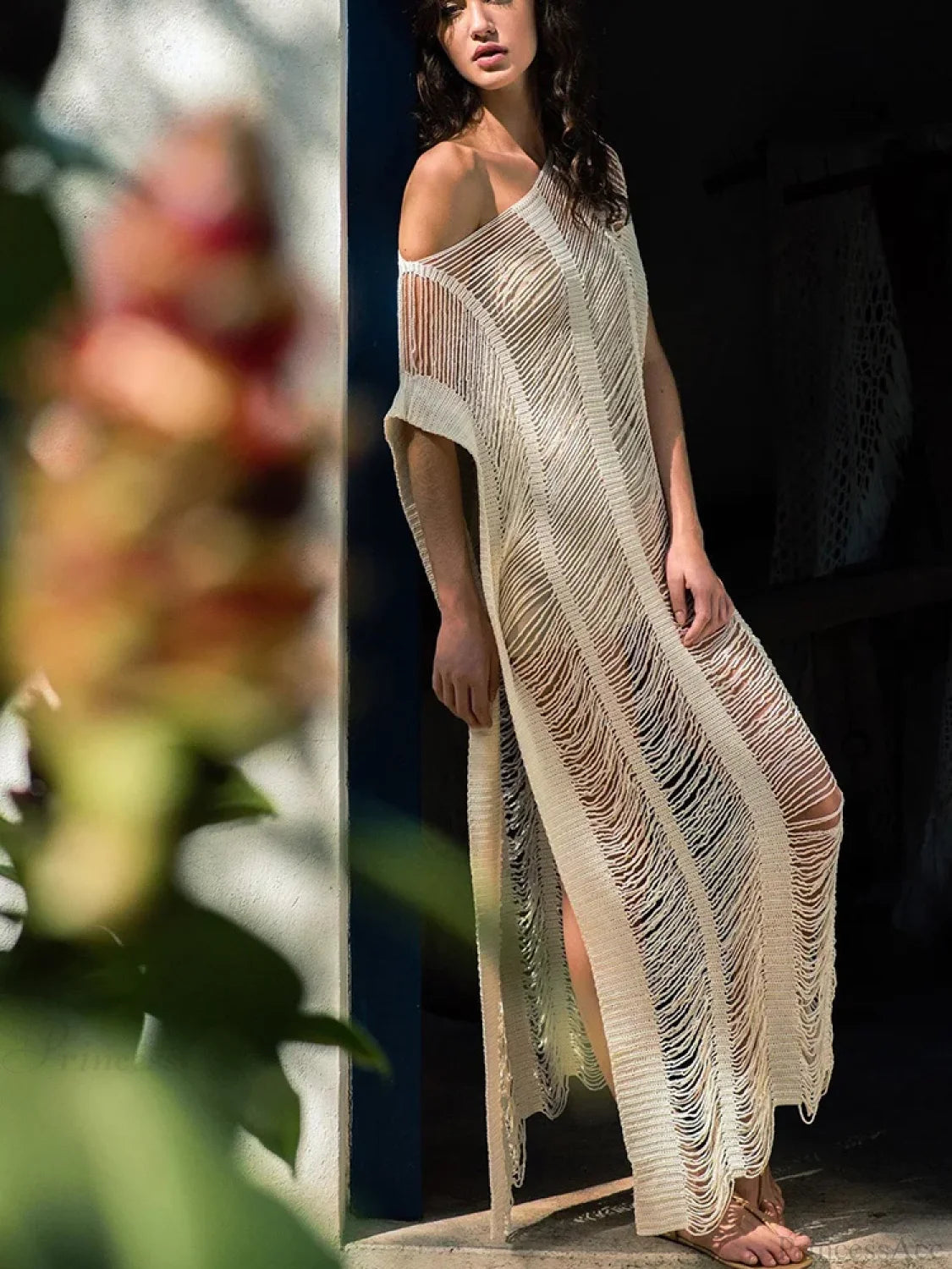 Knitted Hollow Out See Through Beach Cover Up APRICOT / One Size