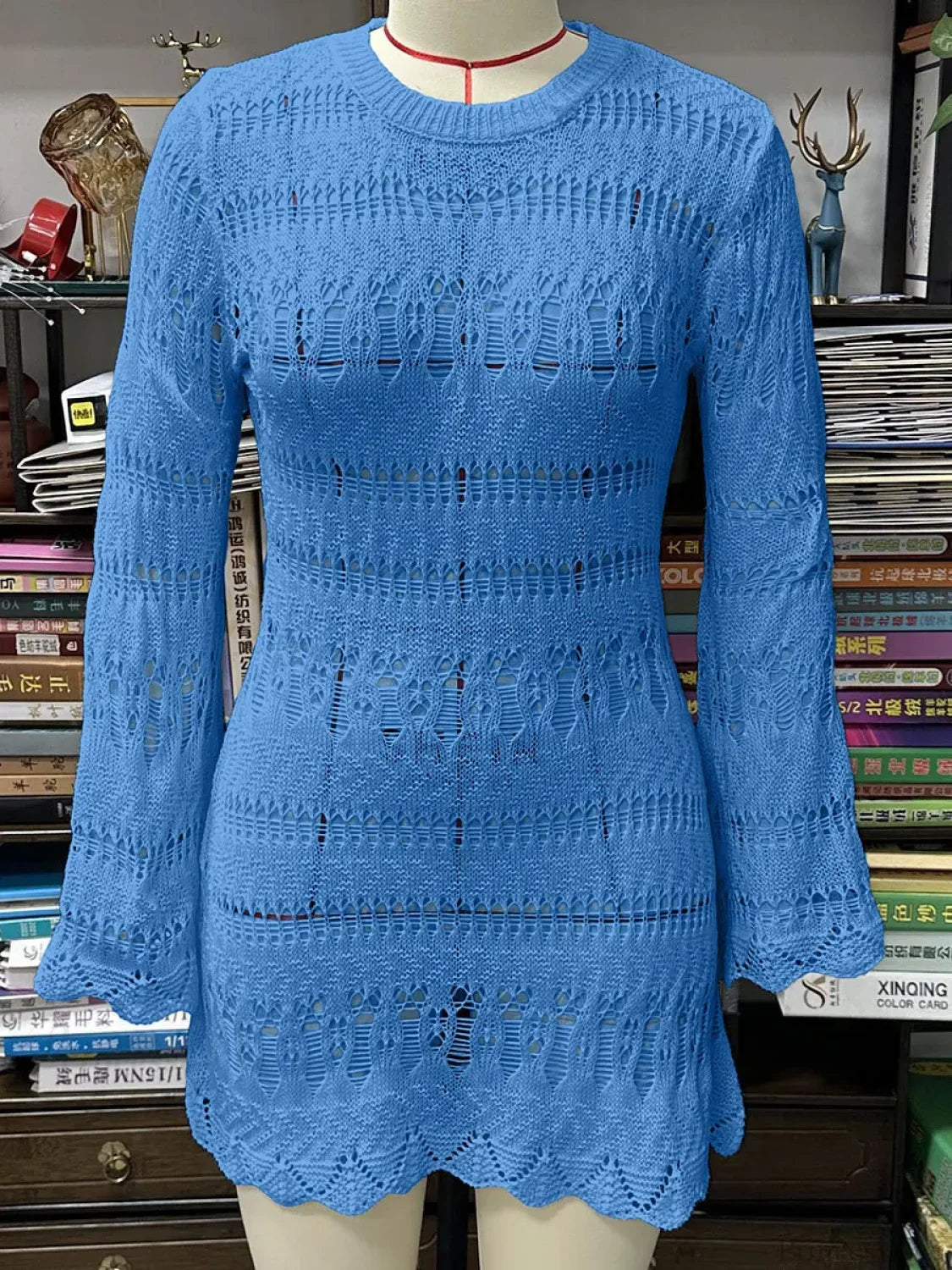 Knitted Hollow Out Sexy Backless Beach Mini Boho Dress Cover-up Blue / S bohodress-250126