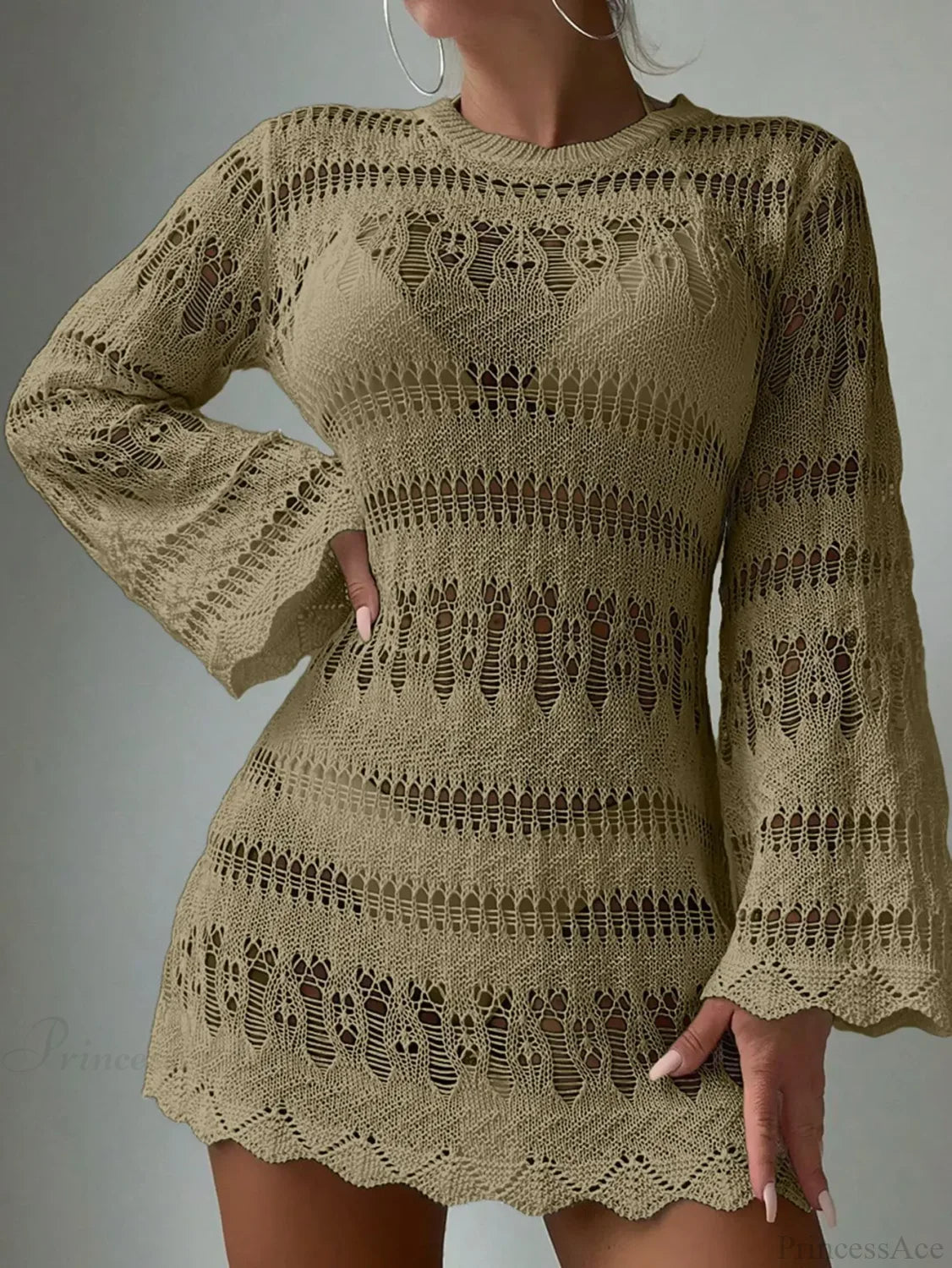 Knitted Hollow Out Sexy Backless Beach Mini Boho Dress Cover-up kahaki / S bohodress-250126