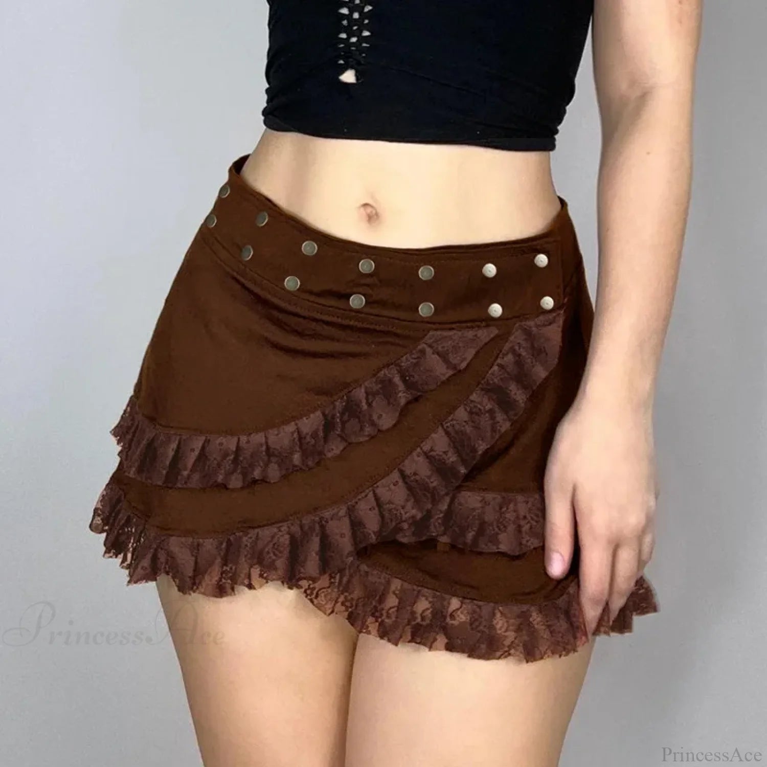 Knitted Lace Ruffled Brown Skirt skirts-250223