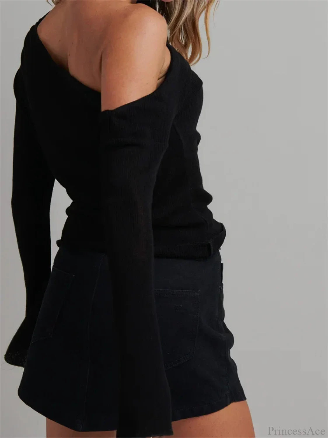 Knitted Long Flare Sleeve Solid Slim Fit T-Shirts Off Shoulder