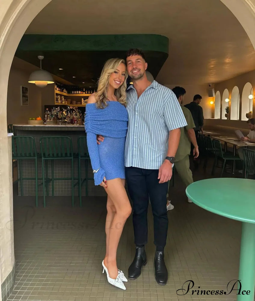 Knitted Off-Shoulder Long Charming Sleeve Mini Dress Solid