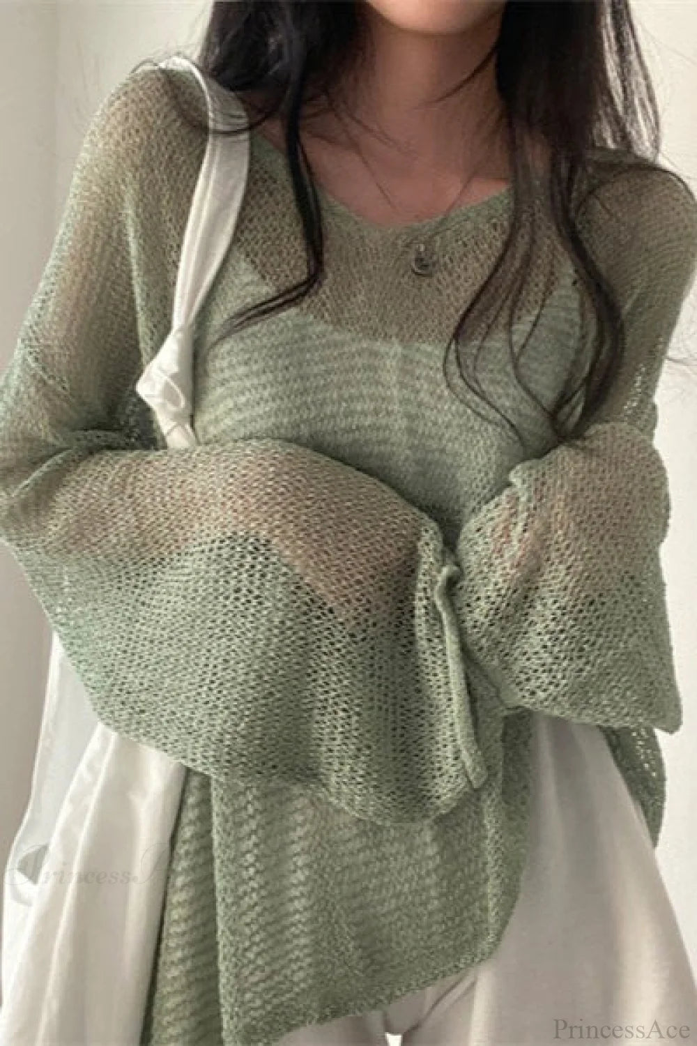 Knitted Openwork Loose Long Sleeve Chic Blouse Green / One size
