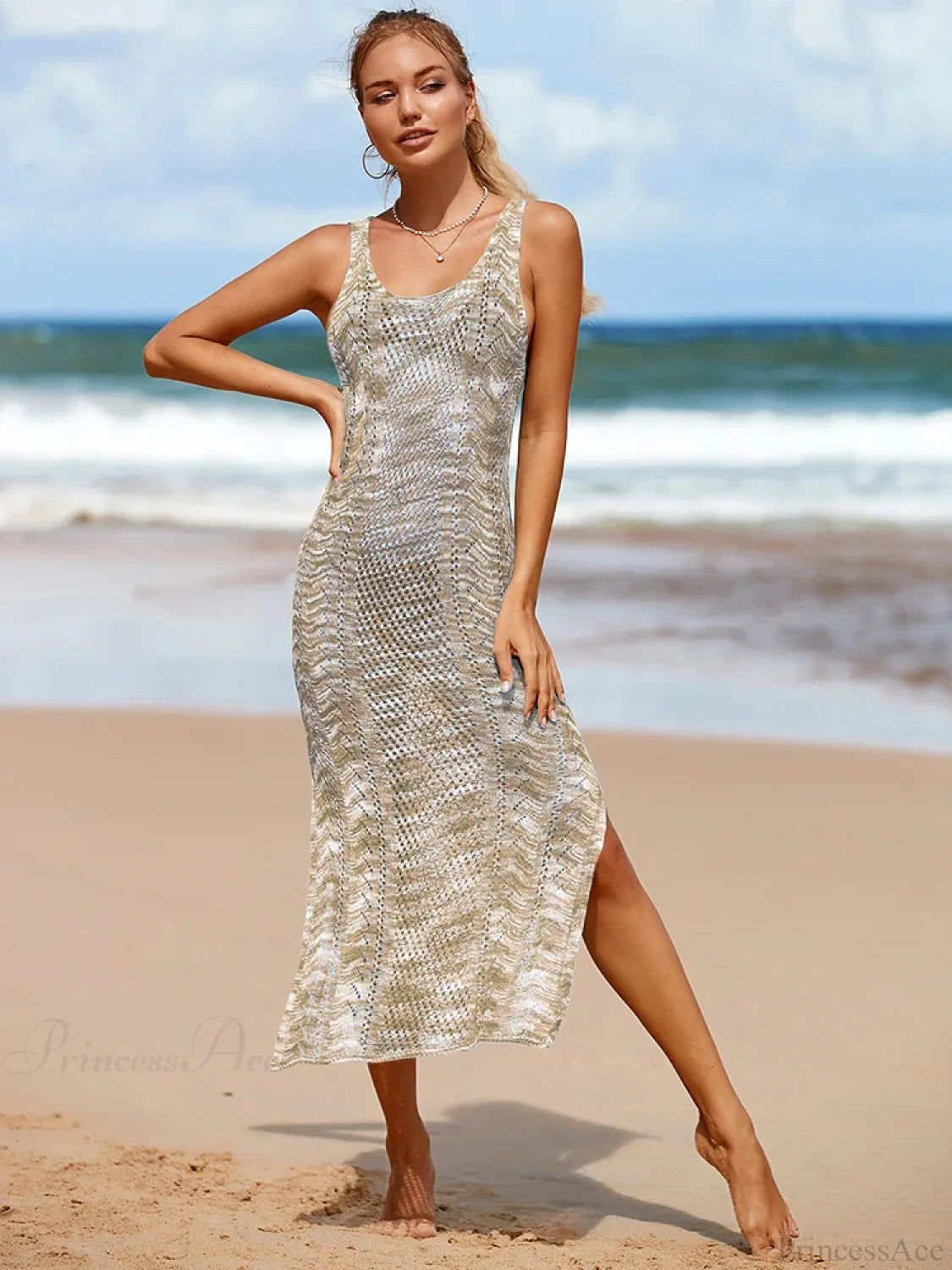 Knitted Sleeveless Slit Cut Cover Up Khaki / One Size