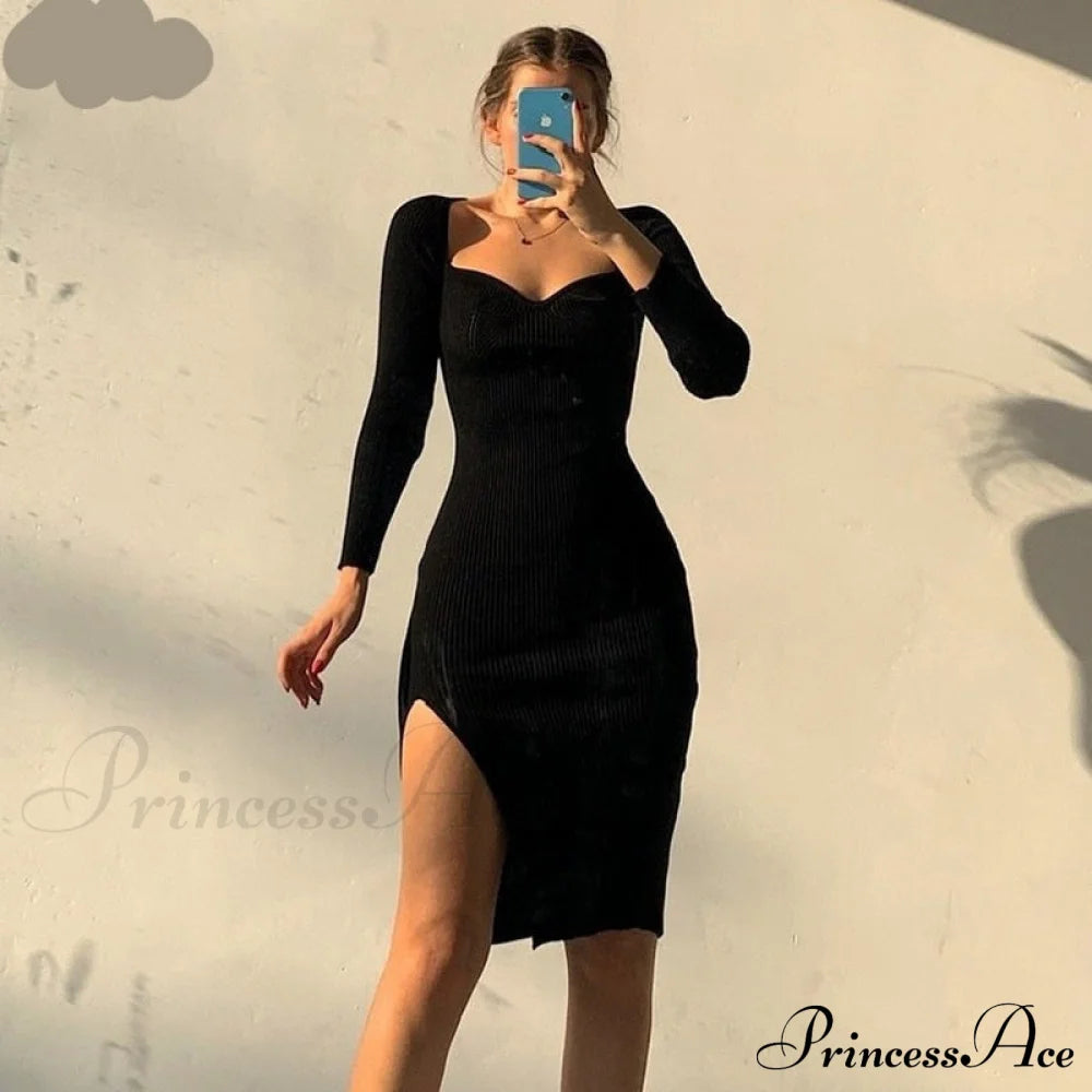 Knitted Sleeves Gown And Women Long Sweater Shoulder Off With Design Black Midi Dress / S