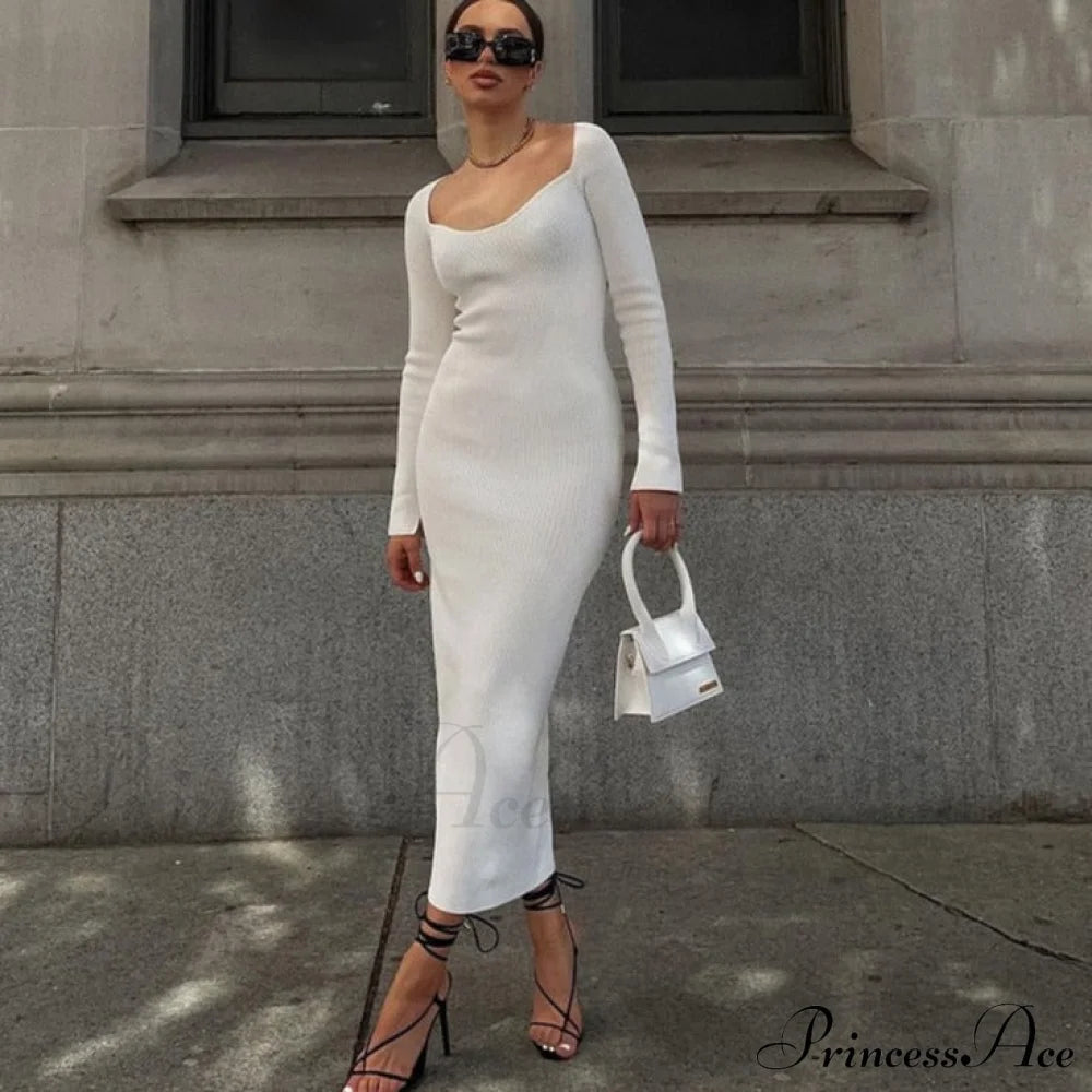 Knitted Sleeves Gown And Women Long Sweater Shoulder Off With Design White Maxi Dress / S