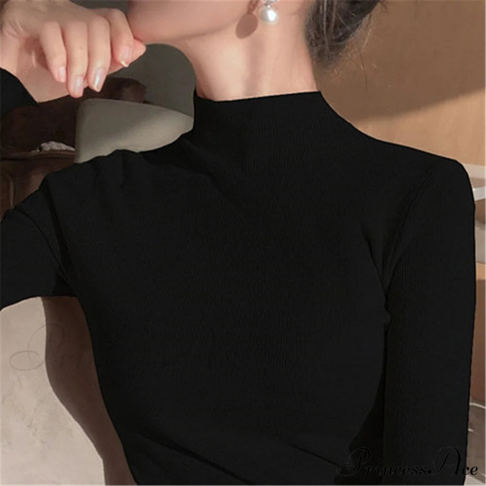 Knitted Turtleneck Pullovers Top Black / One Size