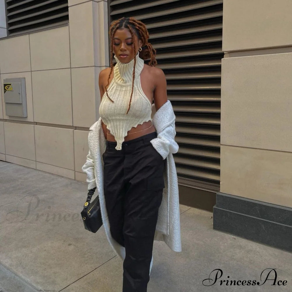 Knitted Turtleneck Stylish Backless Crop Top Shirts & Tops