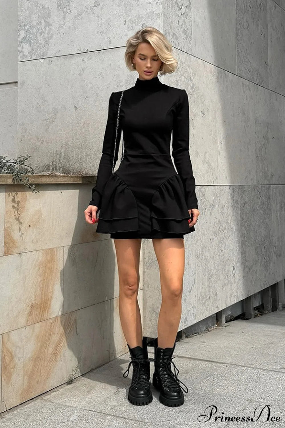 Knitted Turtleneck Vintage Little Black Mini Dress