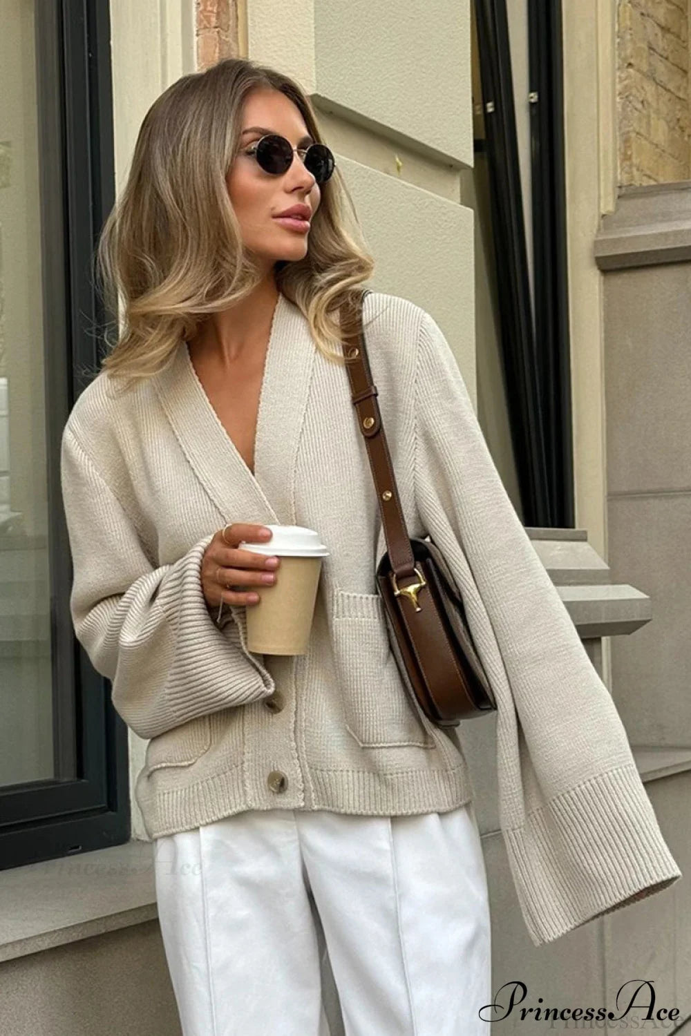 Knitted V Neck Loose Lazy Fit Cardigan Apricot / S