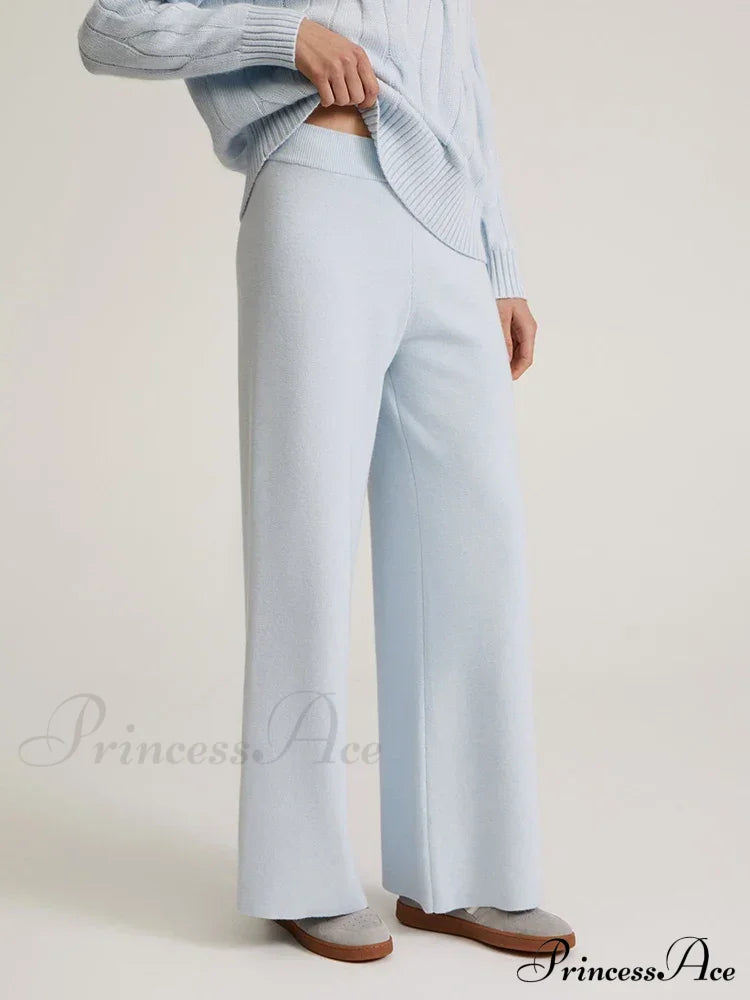 Knitted Winter High Waist Warm Straight Solid Light Blue Basic Wide Leg Pants / One Size
