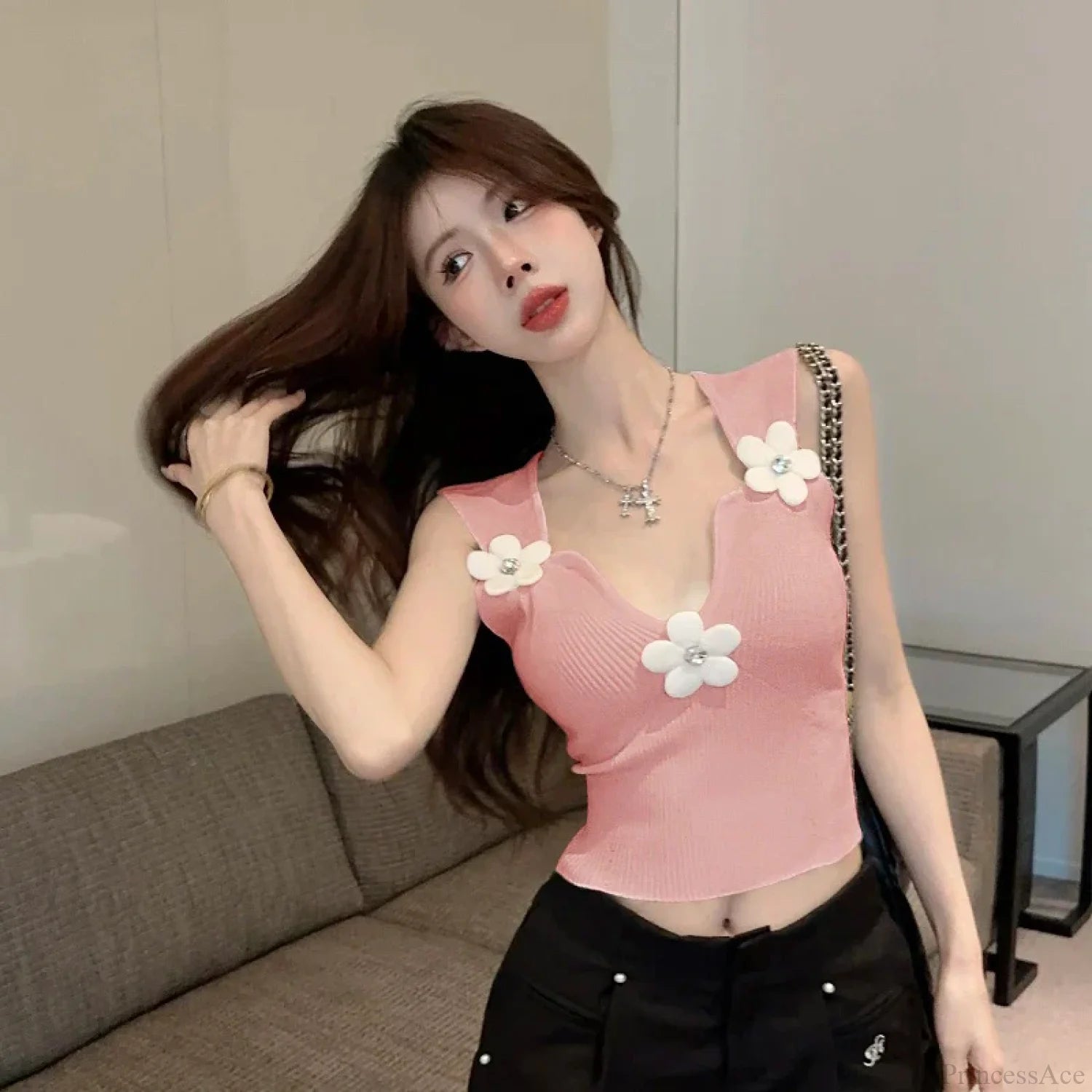 Korean 3D Floral Deep V-Neck Stretchy Crop Top croptop-250126
