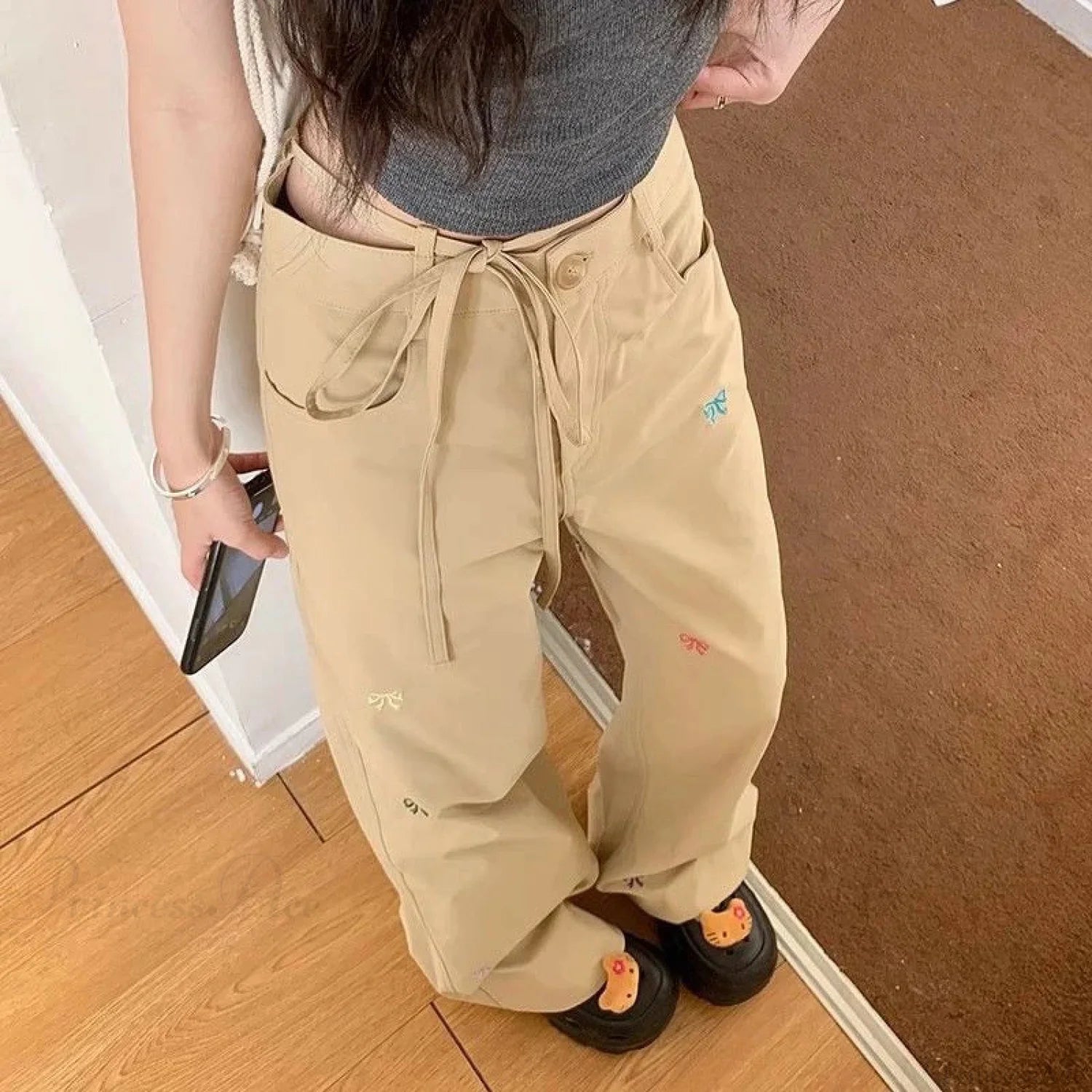 Korean Butterfly Embroidered Pants Khaki / S