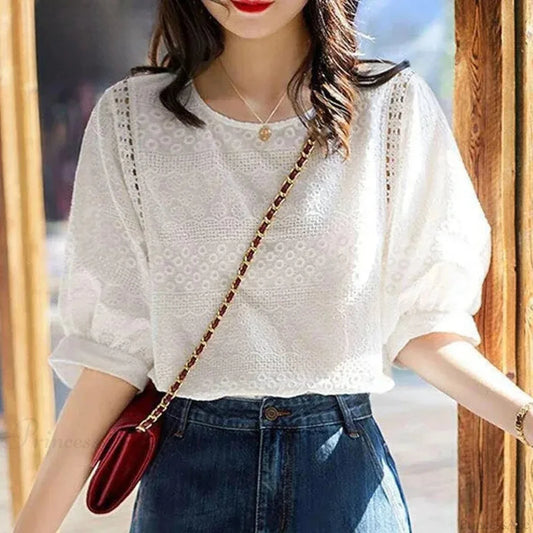 Korean Lantern Sleeve Embroidered Cotton Lace Blouse WHITE / S blouse-250126