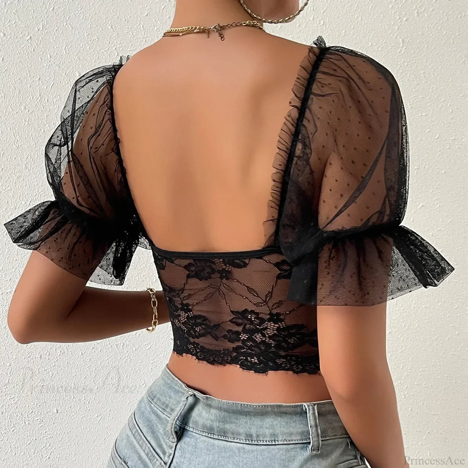 Korean Mesh Sheer Puff Sleeve Lace Crop Top croptop-250126