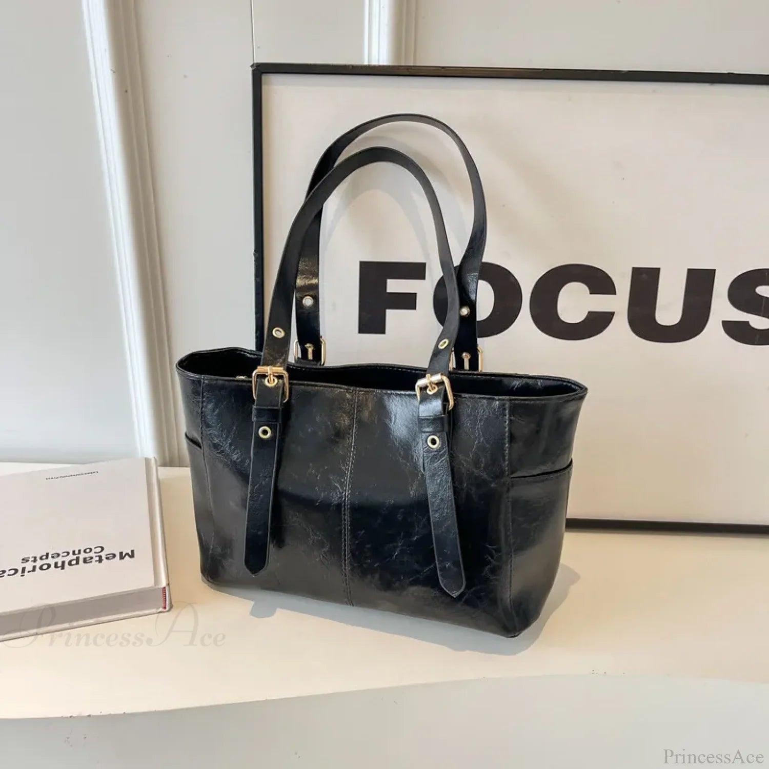 Korean Retro PU Leather Shoulder Bag Black shoulder-250126