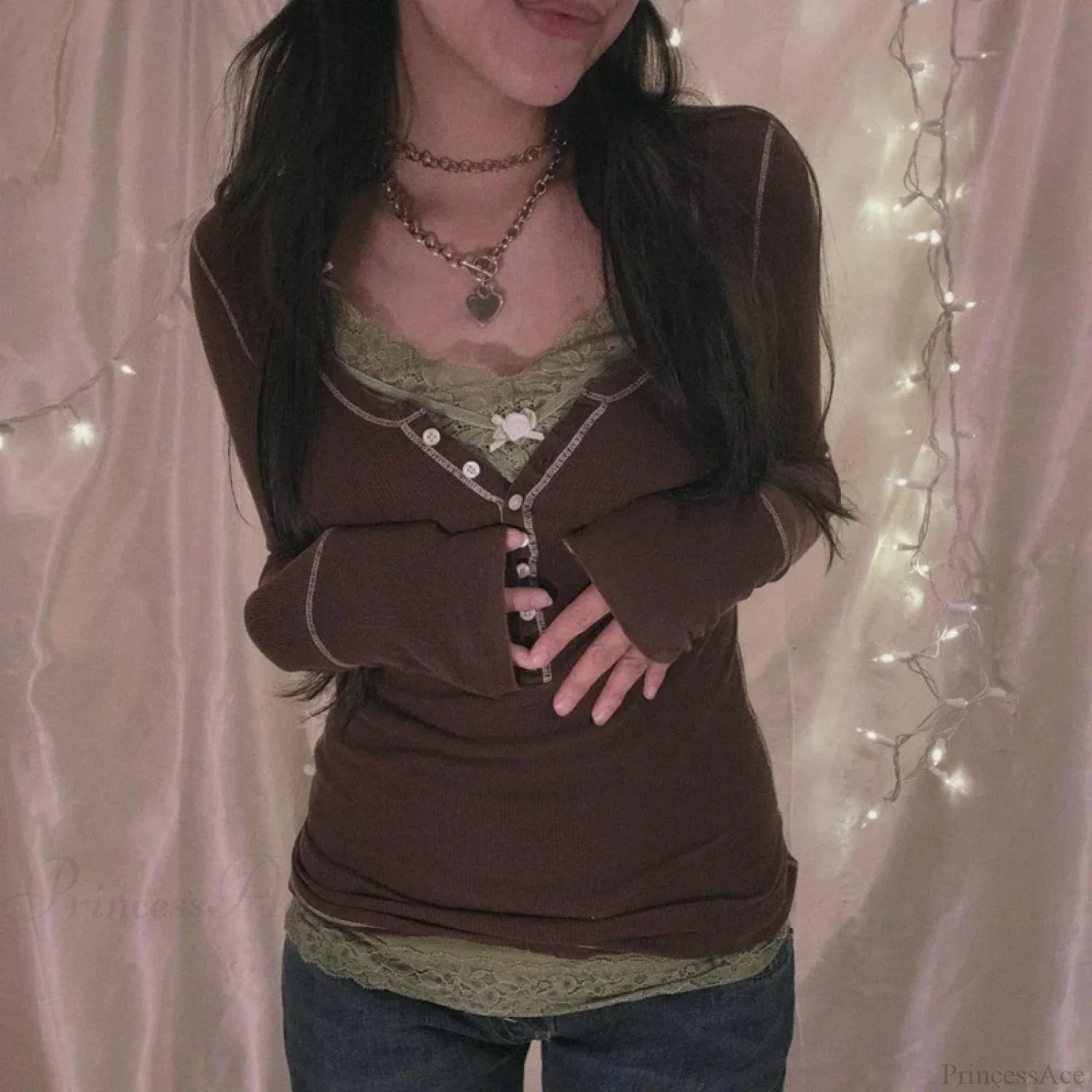 Korean Retro Ribbed Knit T-shirt Button Up Long Sleeve Sweater Women Brown / S knittop-250126