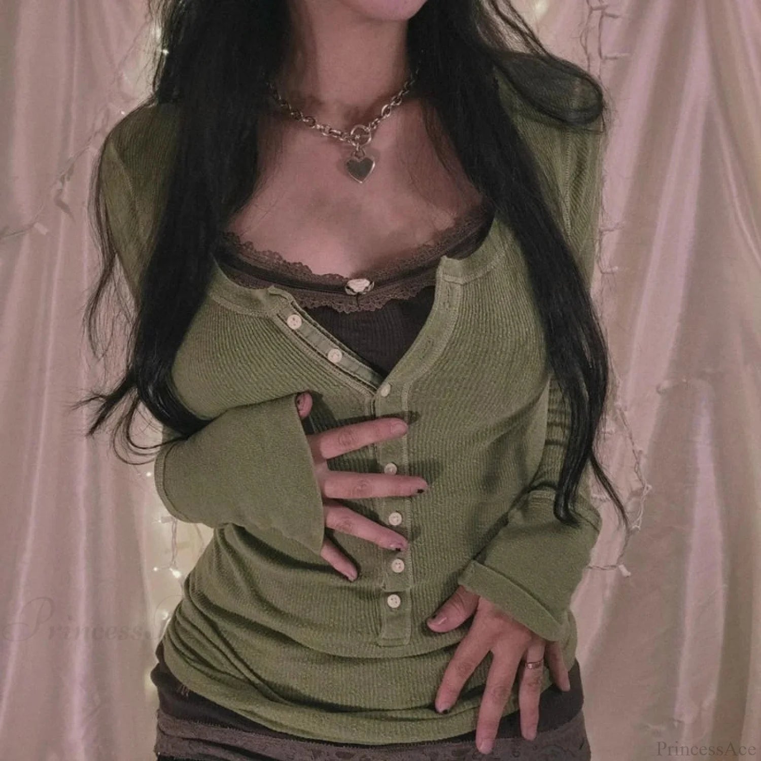 Korean Retro Ribbed Knit T-shirt Button Up Long Sleeve Sweater Women Green / S knittop-250126