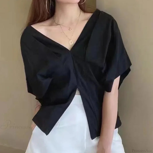 Korean Ruffle Design V-neck Short Sleeve Casual Blouse blouse-250126