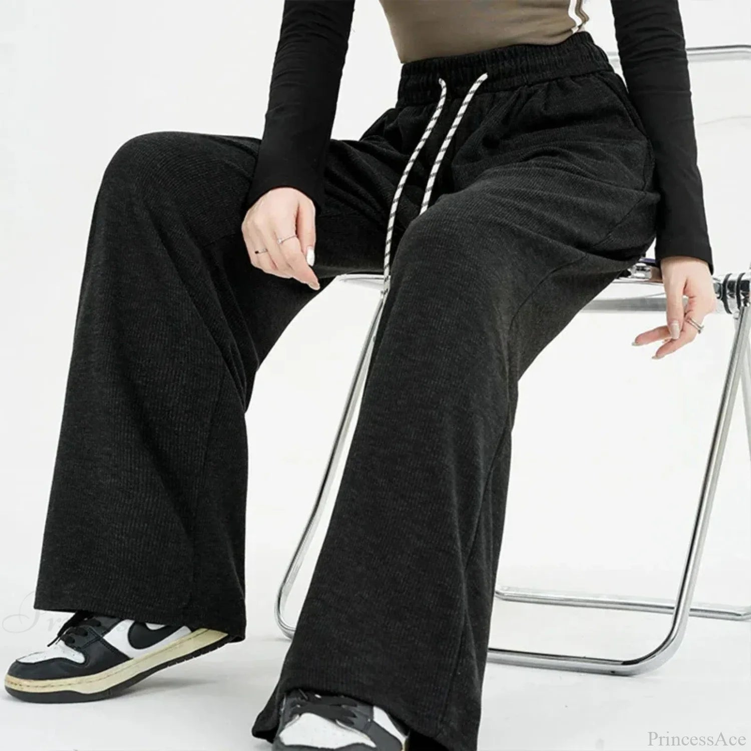 Korean Stripes High Waist Drawstring Pants Black / S
