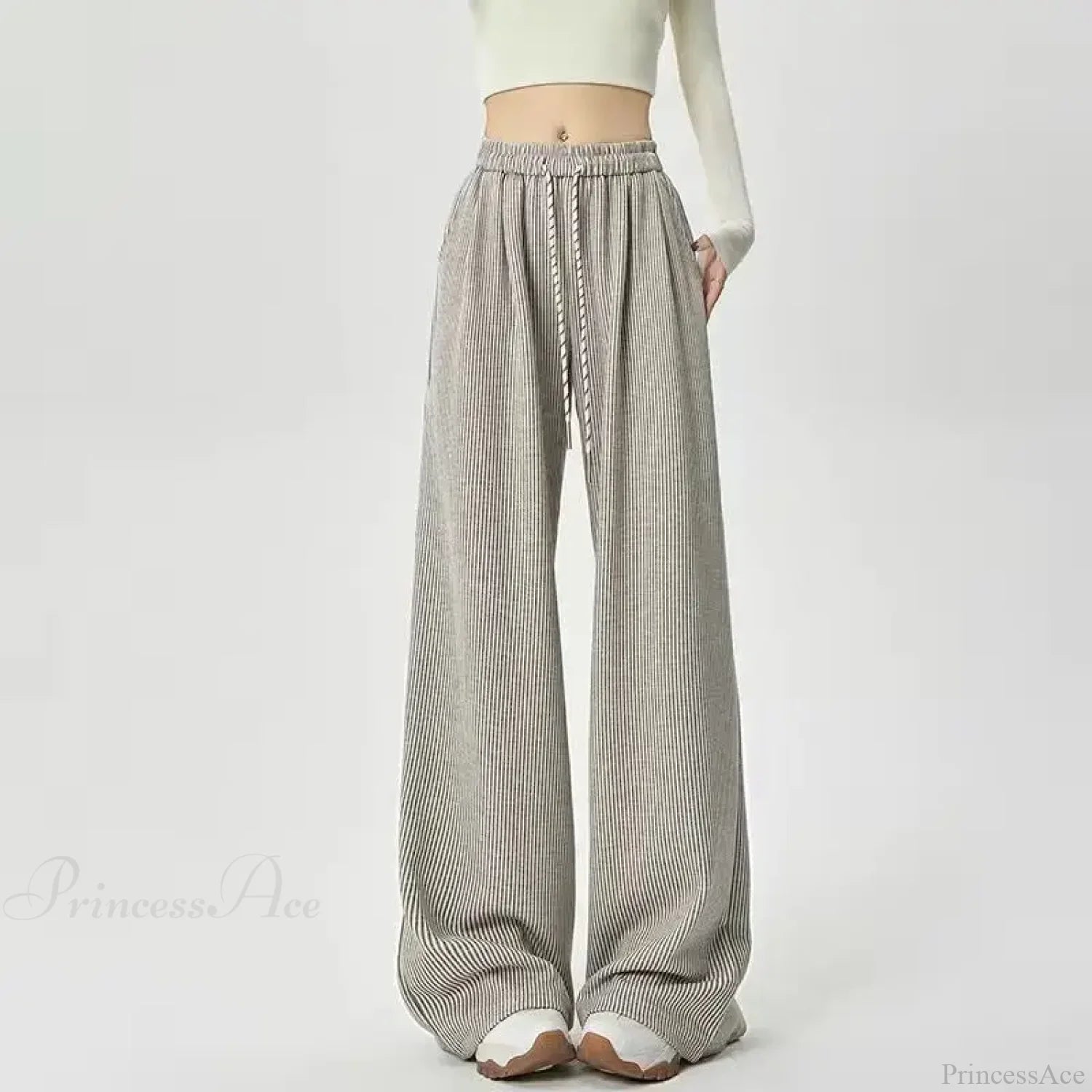 Korean Stripes High Waist Drawstring Pants oatmeal / S