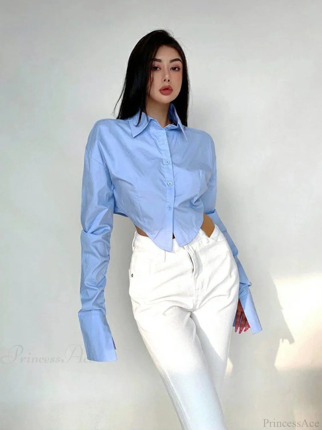 Korean Style Long Sleeve Button Crop Blouse blouse-250126