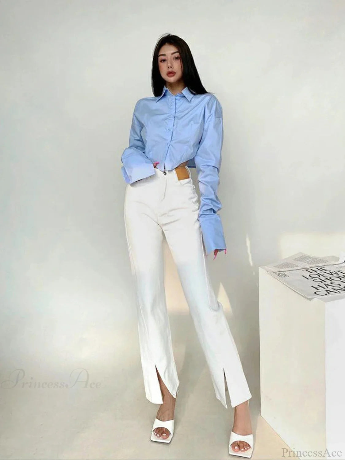 Korean Style Long Sleeve Button Crop Blouse blouse-250126