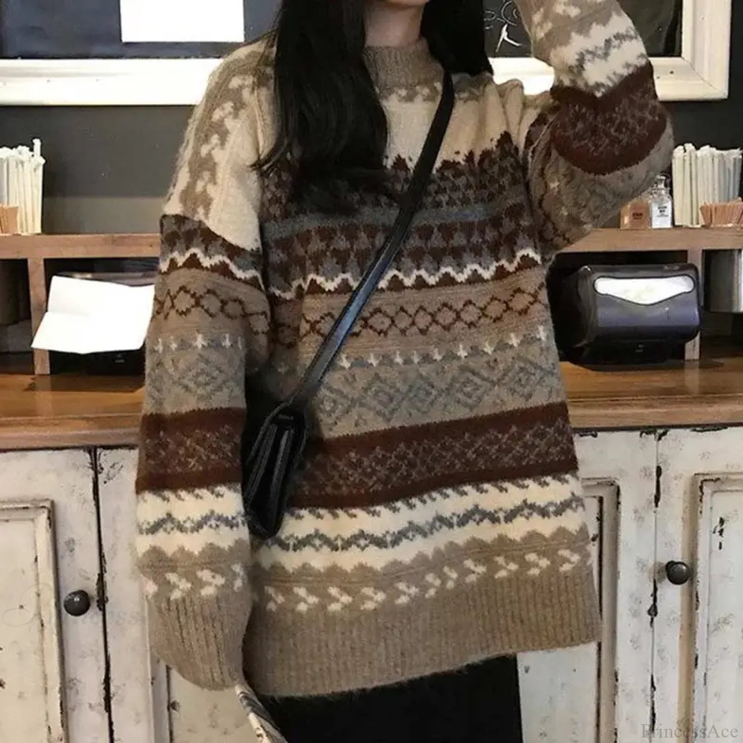 Korean Style Striped Loose Pullover Sweater Khaki / One Size