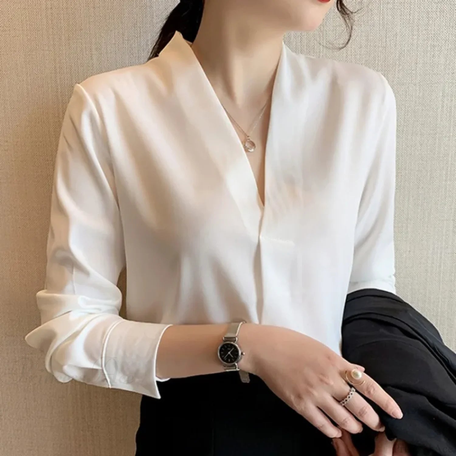 Korean Style V-neck Loose Chiffon Office Blouse WHITE / S blouse-250126