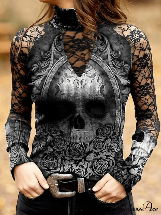 Lace Arm Skull Design Women’s Black Neck Long High T-Shirt / S