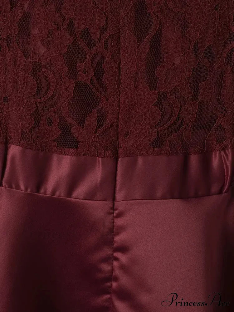 Lace Asymmetrical Dress With Long Sleeves And Crew Neck L / Burgundy Lace High Low Prom Dress