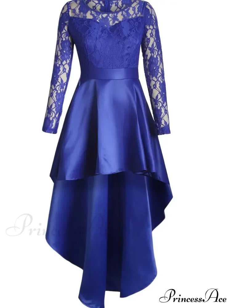 Lace Asymmetrical Dress With Long Sleeves And Crew Neck M / Blue Lace High Low Prom Dress